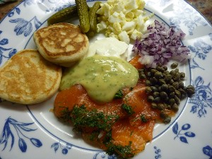 Gravadlax, blinis and garnish